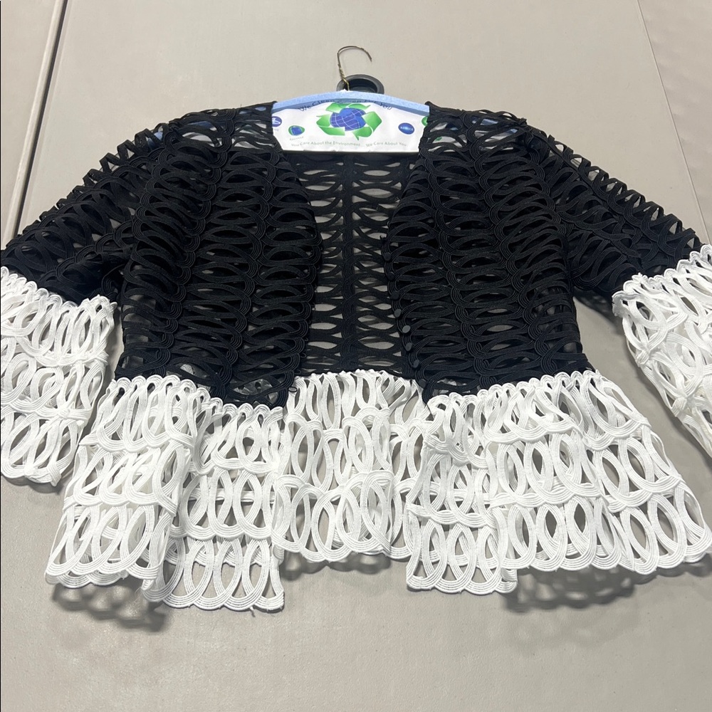 Black and White Open-Front Crochet Jacket
